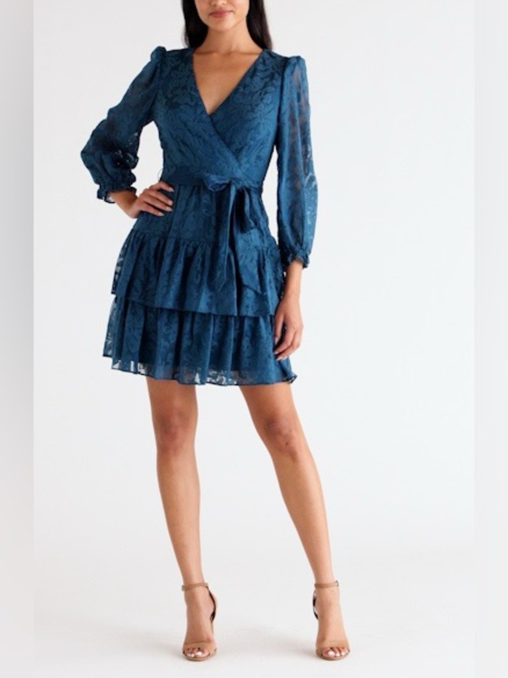The Eliza J Long Sleeve Tiered‎ Faux Wrap Dress in teal blue